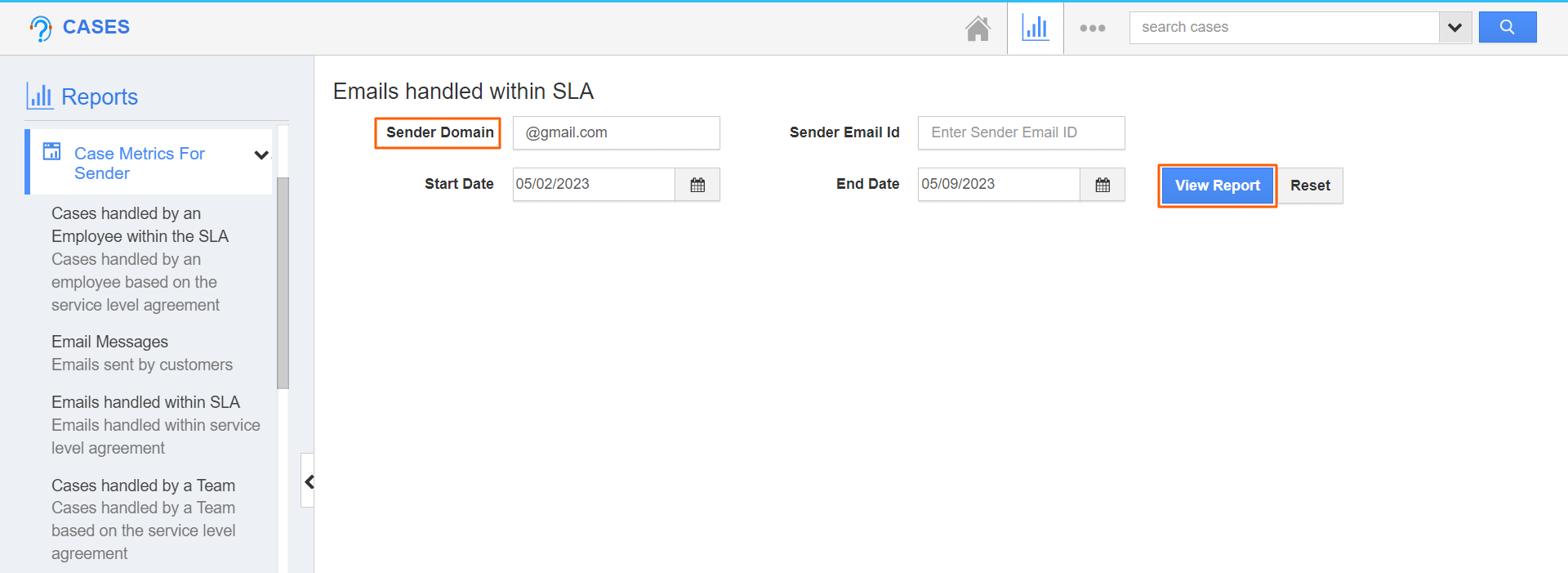 Cases-Email Within SLA View Report.png Cases - Email within SLA View Report